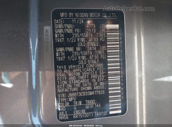 JN8BT3CB3SW417826 2025 NISSAN ROGUE Gray Engine compartment view