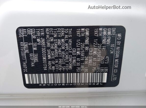 JN8BT3DD3SW301784 2025 NISSAN ROGUE White Շարժիչի բաժամունքի տեսք