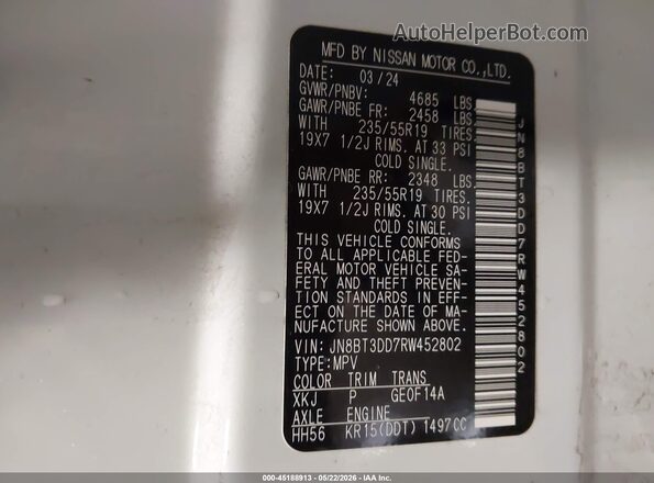 JN8BT3DD7RW452802 2024 NISSAN ROGUE Белый Вид подкапотного пространства