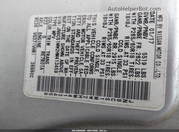 JN8CS1MW2HM413459 2017 INFINITI QX70 Silver Widok komory silnika