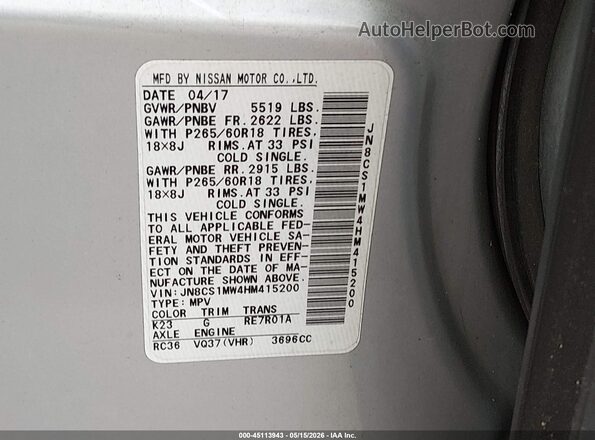 JN8CS1MW4HM415200 2017 INFINITI QX70 Silver Engine compartment view