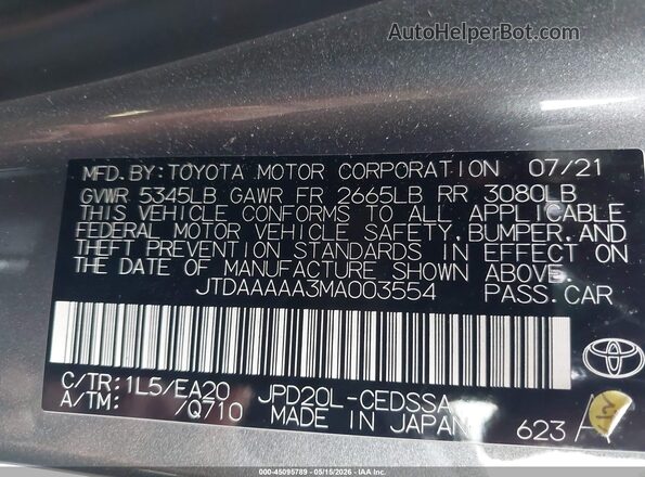 JTDAAAAA3MA003554 2021 TOYOTA LE Gray Widok komory silnika