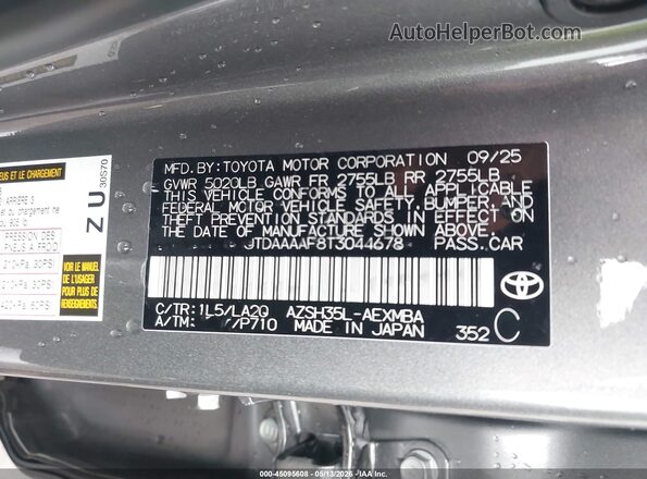 JTDAAAAF8T3044678 2026 TOYOTA LE Gray 
