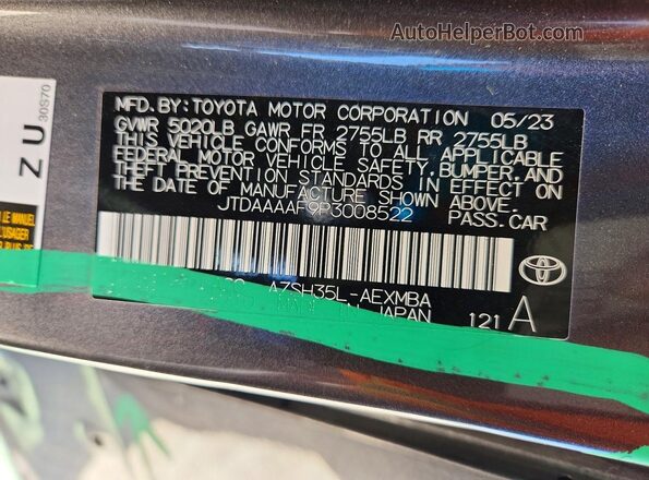 JTDAAAAF9P3008522 2023 TOYOTA CROWN Charcoal VIN კოდის სტიკერის ხედი