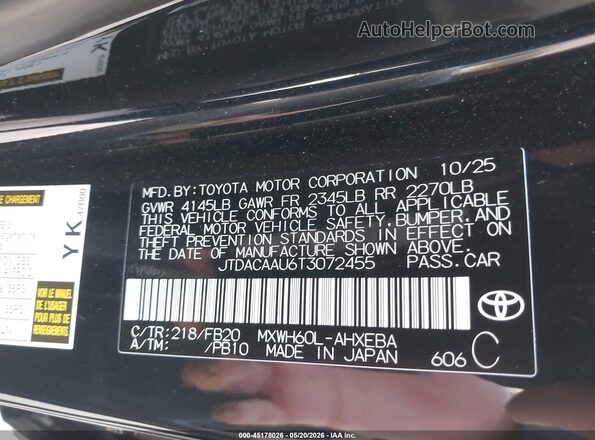 JTDACAAU6T3072455 2026 TOYOTA PRIUS Black ძრავის განყოფილების ხედი