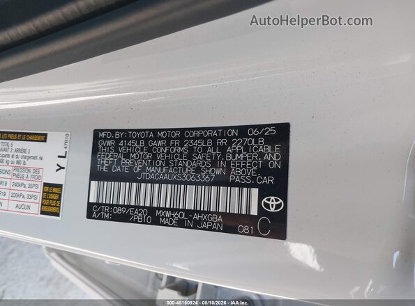 JTDACAAUXS3063367 2025 TOYOTA PRIUS White 