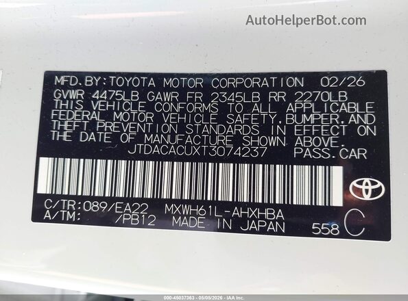 JTDACACUXT3074237 2026 TOYOTA PRIUS PLUG-IN HYBRID Белый Вид подкапотного пространства