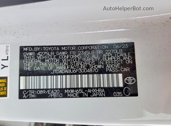 JTDADABU6P3004870 2023 TOYOTA PRIUS Белый Вид наклейки с VIN-кодом