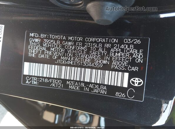 JTDB4MEE5T3044359 2026 TOYOTA COROLLA Black Вид підкапотного простору