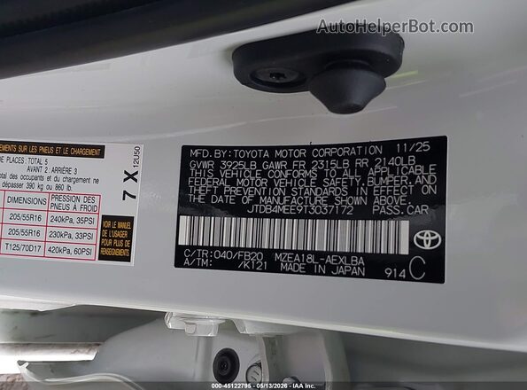 JTDB4MEE9T3037172 2026 TOYOTA COROLLA White ძრავის განყოფილების ხედი