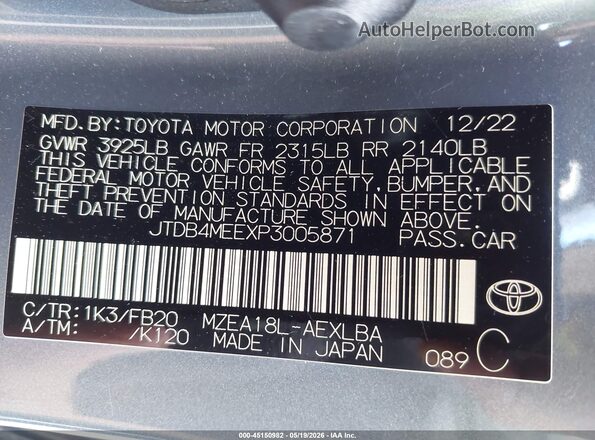 JTDB4MEEXP3005871 2023 TOYOTA COROLLA Blue Вид підкапотного простору