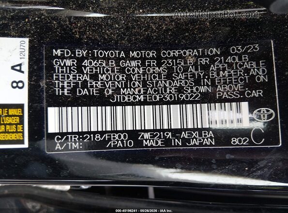 JTDBCMFE0P3019022 2023 TOYOTA COROLLA Black Engine compartment view