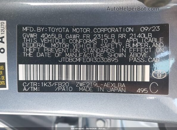 JTDBCMFE0R3030895 2024 TOYOTA COROLLA Gray Շարժիչի բաժամունքի տեսք