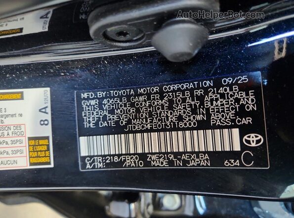 JTDBCMFE0T3118000 2026 TOYOTA COROLLA Черный 