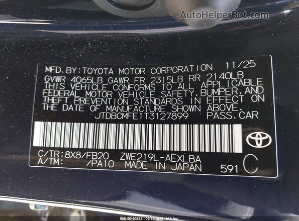 JTDBCMFE1T3127899 2026 TOYOTA COROLLA HYBRID Blue Շարժիչի բաժամունքի տեսք