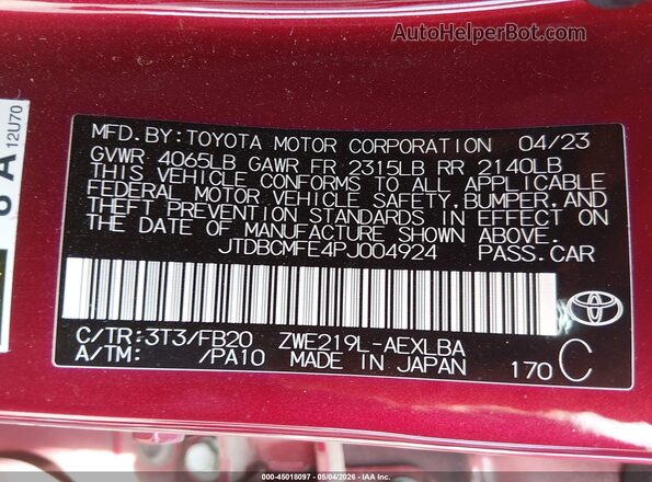 JTDBCMFE4PJ004924 2023 TOYOTA LL Red 