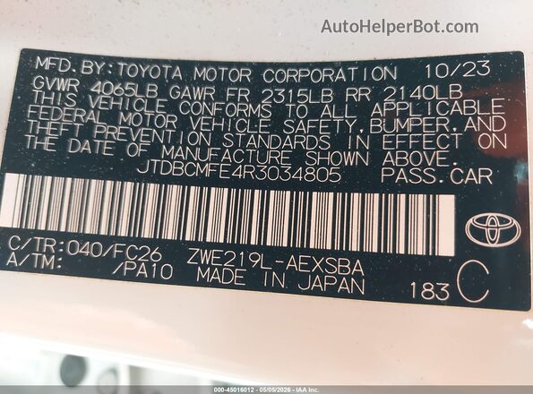 JTDBCMFE4R3034805 2024 TOYOTA LL White 