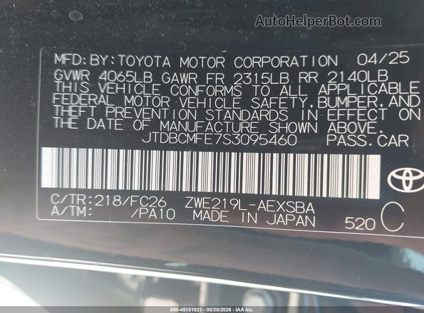 JTDBCMFE7S3095460 2025 TOYOTA COROLLA Черный Вид подкапотного пространства