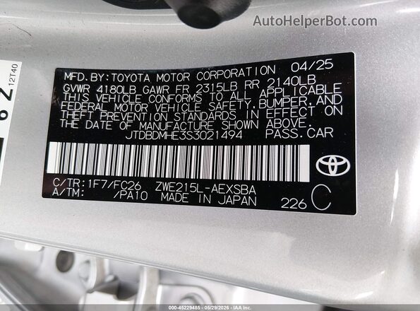 JTDBDMHE3S3021494 2025 TOYOTA COROLLA Silver Вид підкапотного простору