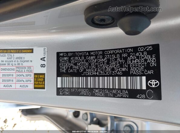 JTDBDMHE3SJ013746 2025 TOYOTA COROLLA Silver 