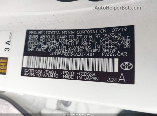 JTDBVRBD3KA007200 2019 TOYOTA MIRAI Белый Вид подкапотного пространства