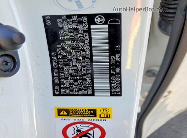 JTDBVRBD6GA000734 2016 TOYOTA MIRAI White Вид наклейки з VIN-кодом