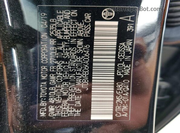 JTDBVRBD6KA006476 2019 TOYOTA MIRAI Black Вид наклейки з VIN-кодом