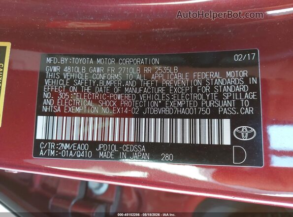 JTDBVRBD7HA001750 2017 TOYOTA MIRAI Red Вид підкапотного простору