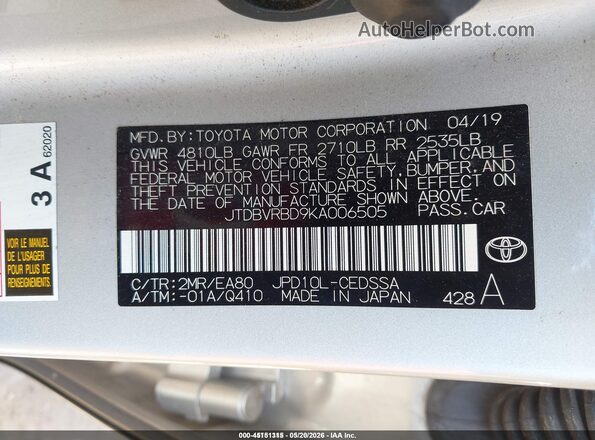JTDBVRBD9KA006505 2019 TOYOTA MIRAI Silver ძრავის განყოფილების ხედი