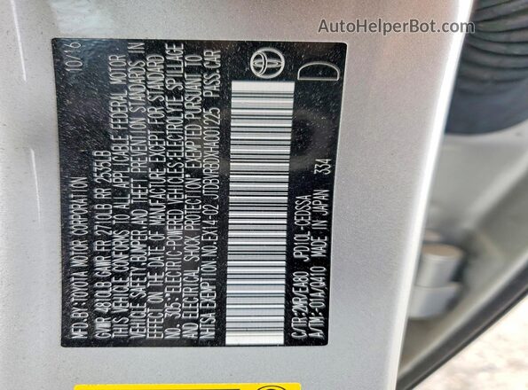 JTDBVRBDXHA001225 2017 TOYOTA MIRAI Silver 