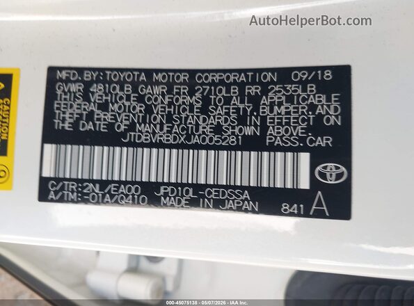 JTDBVRBDXJA005281 2018 TOYOTA MIRAI White ძრავის განყოფილების ხედი