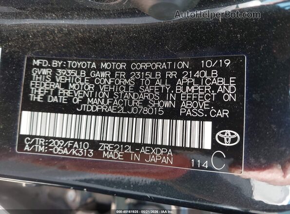 JTDDPRAE2LJ078015 2020 TOYOTA COROLLA Black 