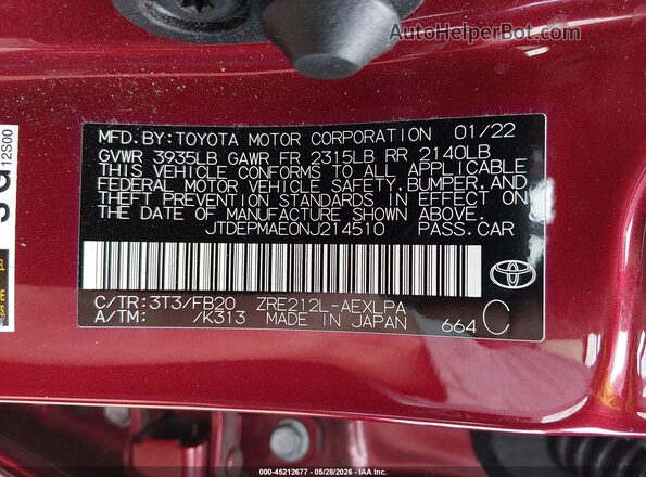 JTDEPMAE0NJ214510 2022 TOYOTA COROLLA Red Вид підкапотного простору