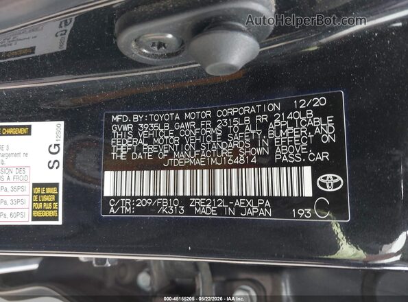 JTDEPMAE1MJ164814 2021 TOYOTA COROLLA Black Engine compartment view
