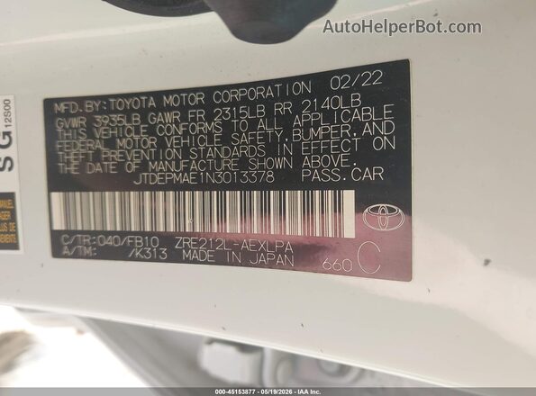 JTDEPMAE1N3013378 2022 TOYOTA COROLLA White 