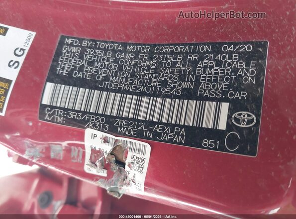 JTDEPMAE2MJ119543 2021 TOYOTA LL Red Engine compartment view