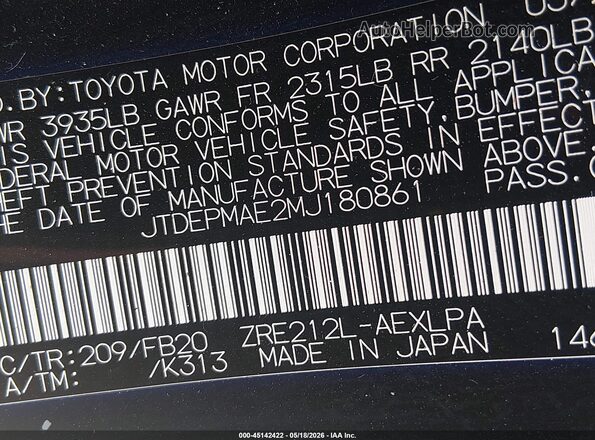 JTDEPMAE2MJ180861 2021 TOYOTA COROLLA Black Շարժիչի բաժամունքի տեսք