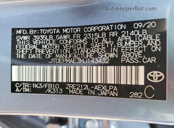 JTDEPMAE3MJ143432 2021 TOYOTA COROLLA Blue 