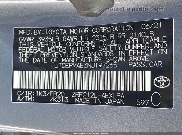 JTDEPMAE3NJ197265 2022 TOYOTA COROLLA Blue Engine compartment view