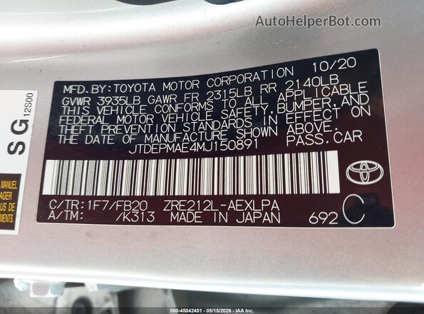 JTDEPMAE4MJ150891 2021 TOYOTA COROLLA Silver 