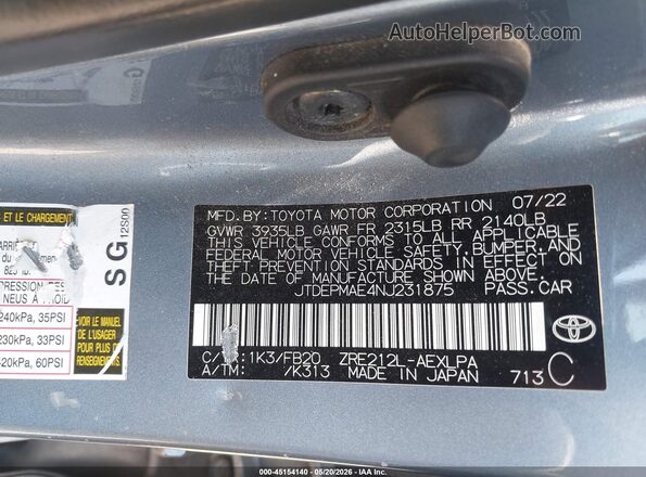 JTDEPMAE4NJ231875 2022 TOYOTA COROLLA Blue Вид підкапотного простору
