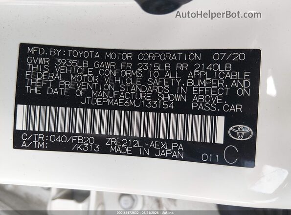 JTDEPMAE6MJ133154 2021 TOYOTA COROLLA White Widok komory silnika