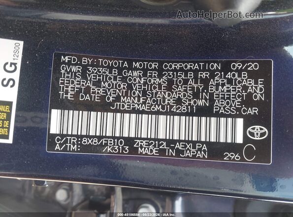JTDEPMAE6MJ142811 2021 TOYOTA COROLLA Blue ძრავის განყოფილების ხედი