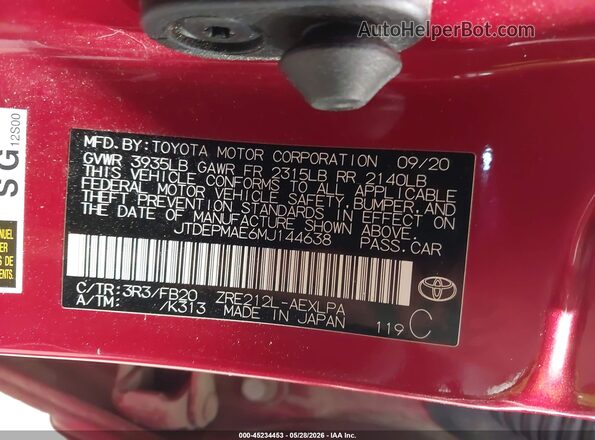 JTDEPMAE6MJ144638 2021 TOYOTA COROLLA Red Vista del compartimento del motor