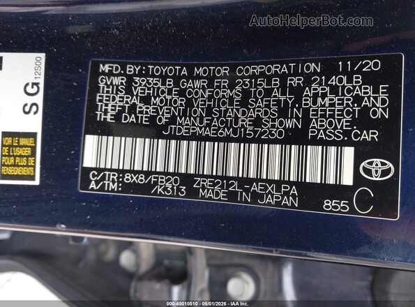 JTDEPMAE6MJ157230 2021 TOYOTA LL Blue Vista del compartimento del motor