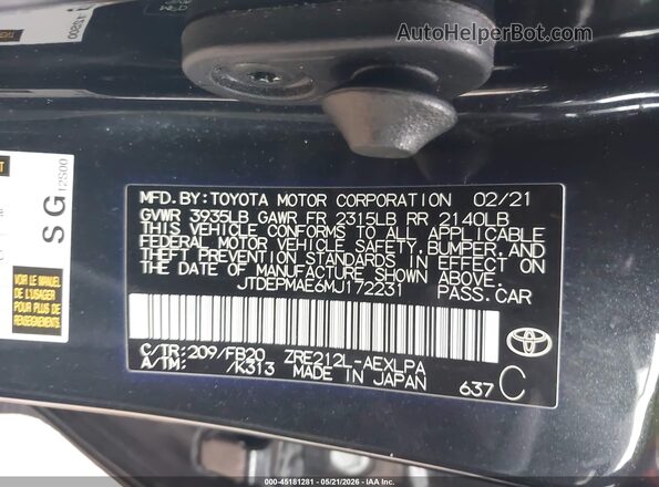 JTDEPMAE6MJ172231 2021 TOYOTA COROLLA Black ძრავის განყოფილების ხედი