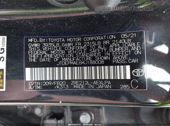 JTDEPMAE6MJ188008 2021 TOYOTA LL Black Engine compartment view