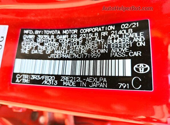 JTDEPMAE7MJ171959 2021 TOYOTA COROLLA Red ძრავის განყოფილების ხედი