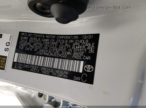 JTDEPMAE8N3009022 2022 TOYOTA LL White Vista del compartimento del motor