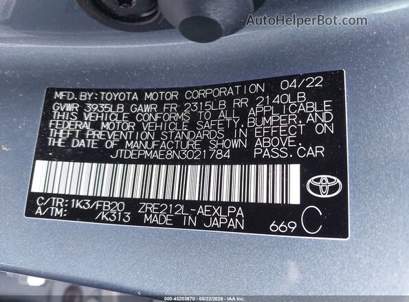 JTDEPMAE8N3021784 2022 TOYOTA COROLLA Синий 